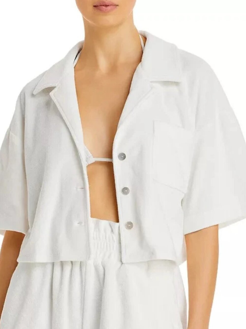 Aqua Swim Terrycloth Cropped Shirt Beachwear Cover Up Beachy Cream Size: M NWT